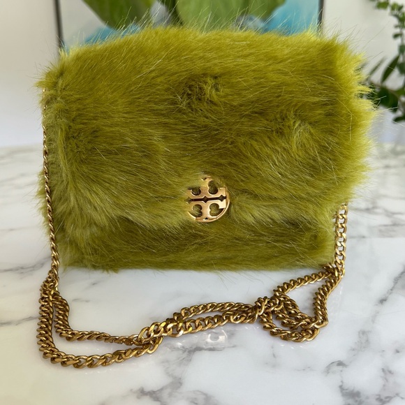 Tory Burch Handbags - Tory Burch Mini Chelsea Faux Fur Convertible Crossbody Shoulder Bag Green Gold